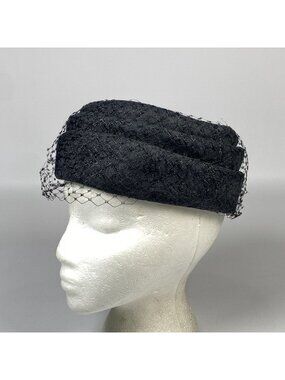 Vintage Black Tiered Pillbox Hat with Netting Veil Velvet Bows Made in USA